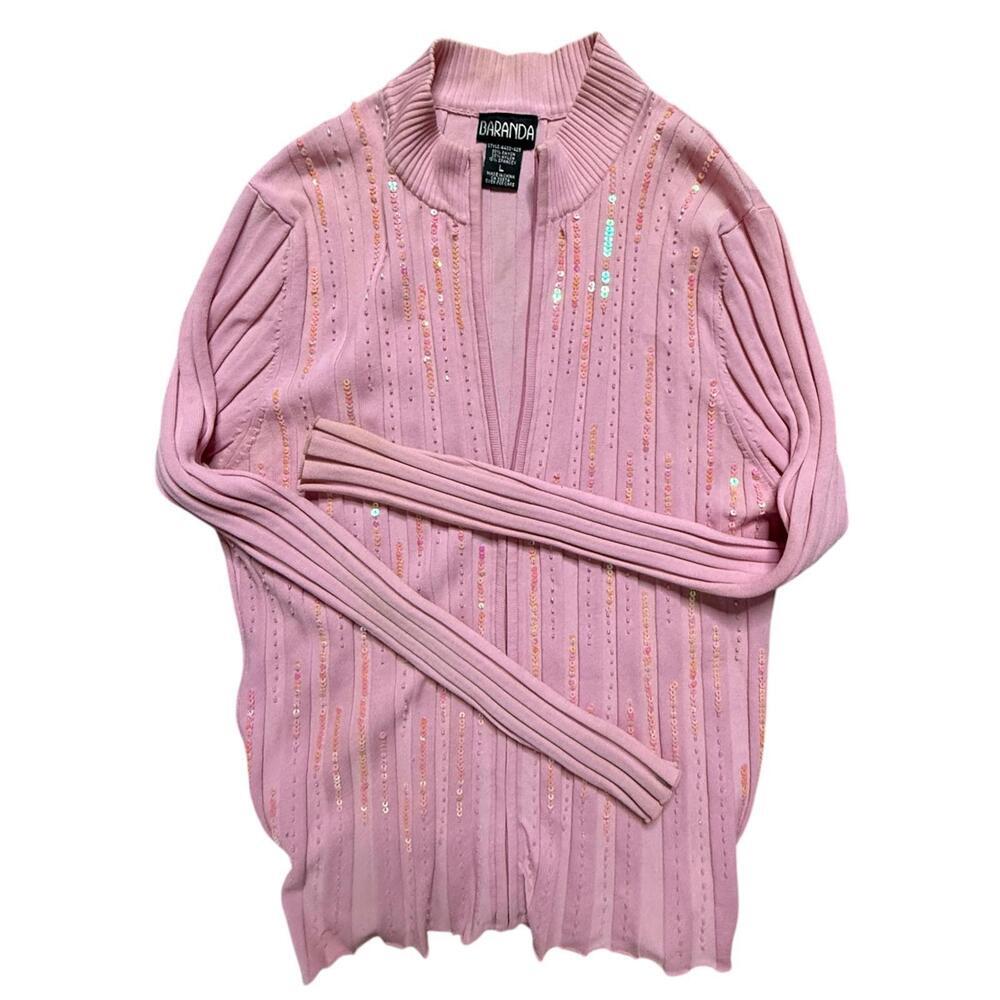 Baranda Pink Sequin Zip-Up Ribbed Sweater Large